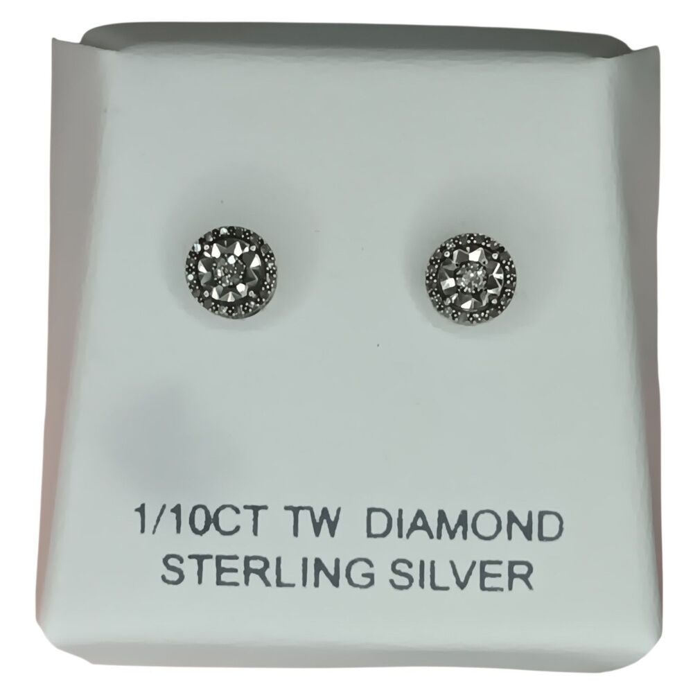 1/10 Ct TW Diamond Stud Pierced Earrings Sterling Silver Thailand - New - No Box